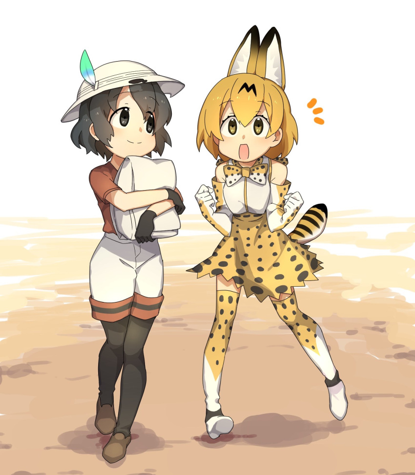 2girls animal_ears bag bare_shoulders black_hair blonde_hair bow bowtie bucket_hat clenched_hands commentary_request dirt eguegukun elbow_gloves eyebrows_visible_through_hair feathers gloves hat high-waist_skirt highres holding_object kaban_(kemono_friends) kemono_friends loafers multicolored_hair multiple_girls open_mouth pantyhose serval_(kemono_friends) serval_ears serval_print serval_tail shirt shoes short_hair short_sleeves shorts skirt smile t-shirt tail thigh-highs vest yellow_eyes zettai_ryouiki