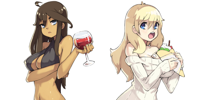 2girls ahoge alcohol bare_arms bare_shoulders blonde_hair blue_eyes breasts brown_hair cleavage commentary crepe dark_skin dress english_commentary fingernails food food_between_breasts glass hair_between_eyes highres holding holding_food large_breasts long_sleeves looking_at_viewer multiple_girls nail_polish pocket_waifu revealing_clothes simple_background sleeves_past_wrists sweater sweater_dress upper_body vins-mousseux white_background white_nails white_sweater wine