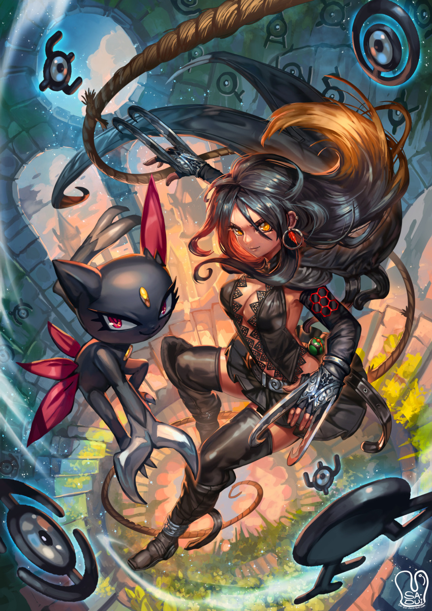 1girl absurdres black_hair black_legwear black_skirt breasts claw_(weapon) commission earrings gen_2_pokemon highres hoop_earrings jewelry long_hair looking_at_viewer medium_breasts multicolored_hair original pleated_skirt pokemon pokemon_(creature) revealing_clothes rope ruins sa-dui signature skirt smile sneasel stairs thigh-highs unown weapon yellow_eyes