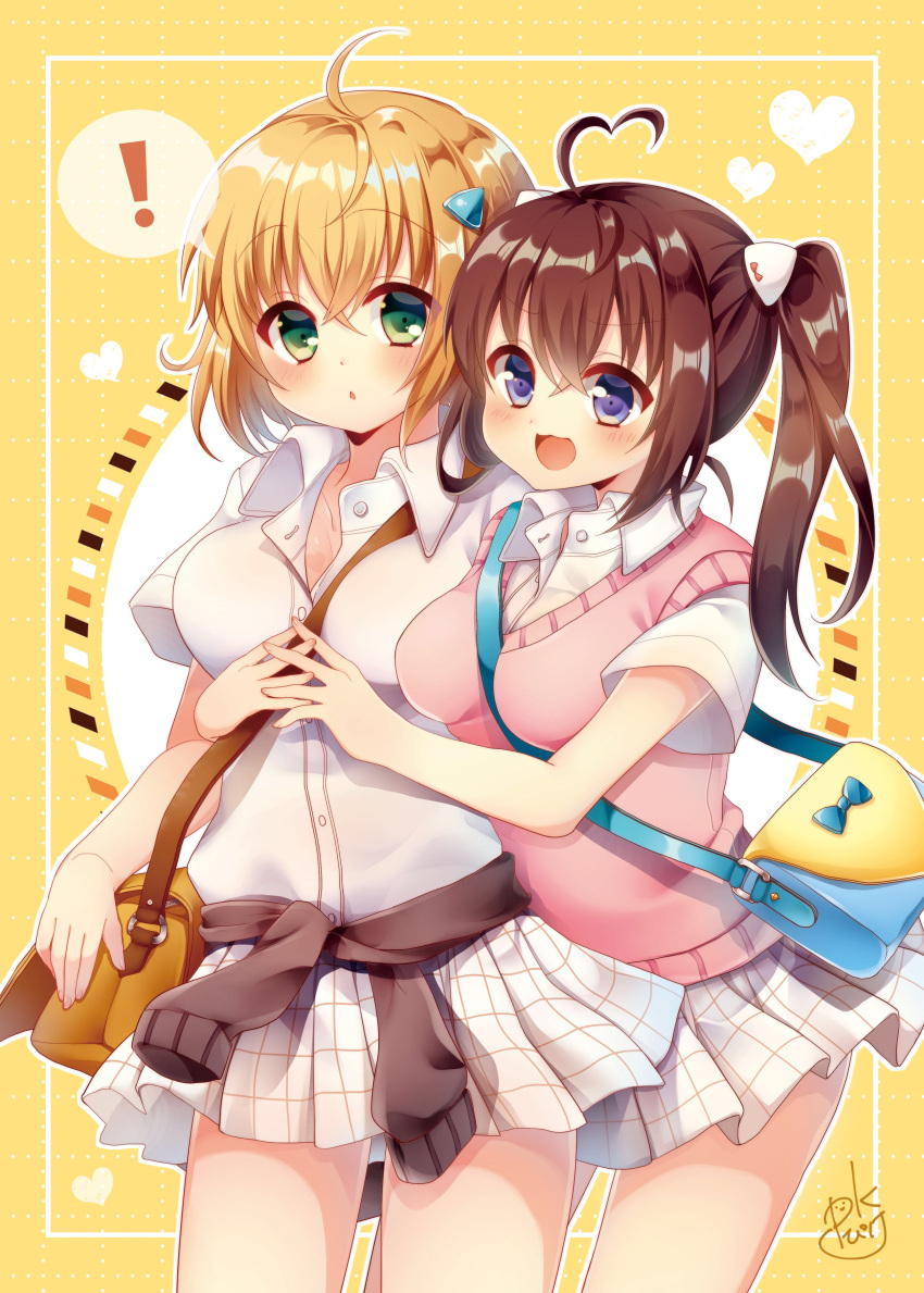 ! 2girls :3 :d absurdres ahoge bag bangs between_breasts black_cardigan blush breasts brown_hair cardigan cardigan_around_waist collared_shirt commentary_request dress_shirt eyebrows_visible_through_hair green_eyes hair_between_eyes hair_ornament heart heart_ahoge highres hug large_breasts light_brown_hair long_hair medium_breasts multiple_girls open_mouth original parted_lips pk_(mukasihasakana) pleated_skirt shirt short_sleeves shoulder_bag signature skirt smile spoken_exclamation_mark strap_cleavage sweater_vest violet_eyes white_shirt white_skirt