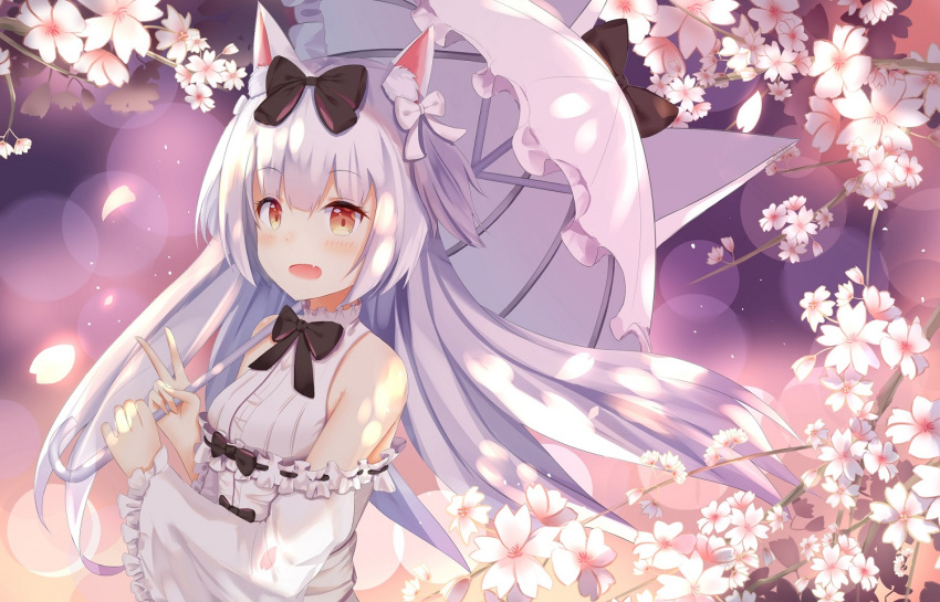 1girl :d animal_ears azur_lane bow cat_ears cherry commentary_request detached_sleeves fang food fruit hair_bow hair_ribbon holding long_hair looking_at_viewer mobu_(wddtfy61) open_mouth orange_eyes parasol petals ribbon smile solo umbrella white_hair wind yukikaze_(azur_lane)