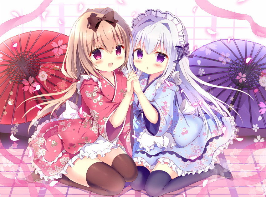 2girls :d apron azumi_kazuki bangs black_bow black_legwear blue_kimono blush bow brown_legwear commentary_request eyebrows_visible_through_hair fingernails floral_print frilled_apron frilled_kimono frills hair_between_eyes hair_bow hand_holding highres interlocked_fingers japanese_clothes kimono light_brown_hair long_hair long_sleeves looking_at_viewer maid_headdress multiple_girls no_shoes open_mouth oriental_umbrella original parted_lips petals plaid plaid_bow print_kimono purple_umbrella red_kimono red_umbrella seiza short_kimono silver_hair sitting smile thigh-highs umbrella very_long_hair violet_eyes wa_maid waist_apron white_apron wide_sleeves