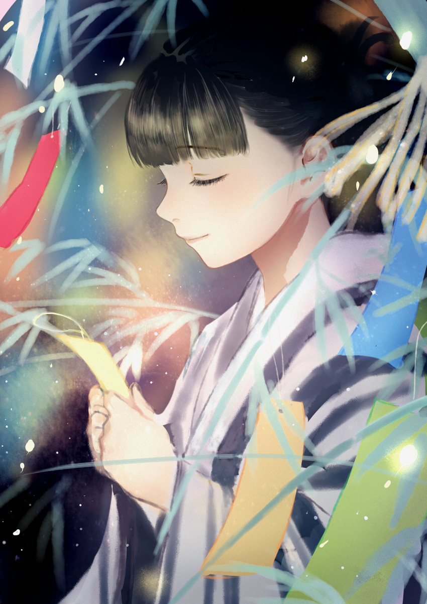 1girl absurdres black_hair closed_eyes closed_mouth commentary_request eyebrows_visible_through_hair from_side highres holding japanese_clothes kimono long_sleeves original romiy smile solo upper_body wide_sleeves