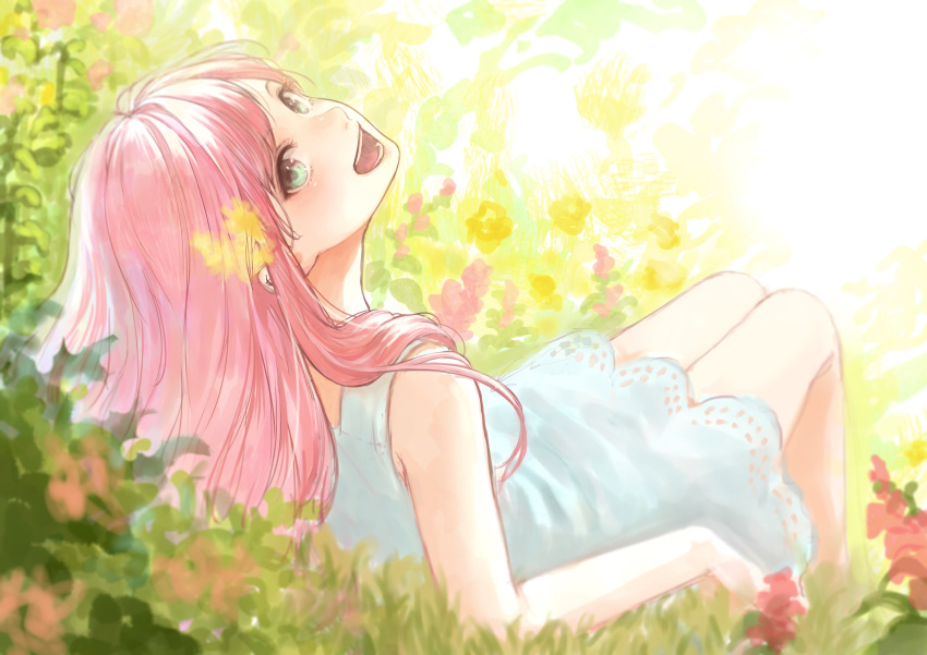 1girl :d absurdres bare_shoulders blue_eyes dress flower grass hair_flower hair_ornament highres legs_together long_hair looking_at_viewer looking_back open_mouth original pink_hair reclining romiy sitting smile solo white_dress