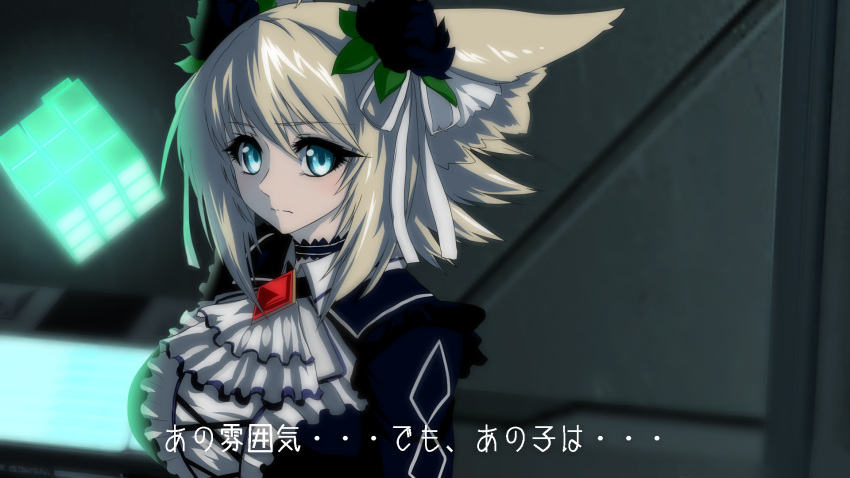 1girl animal_ears ascot bangs black_flower blonde_hair blue_dress blue_eyes blurry blurry_background breasts closed_mouth commentary_request depth_of_field dress eyebrows_visible_through_hair fake_screenshot flower gem hair_flower hair_ornament highres large_breasts looking_at_viewer minarai_tenna phantasy_star phantasy_star_online_2 short_hair solo subtitled translation_request white_neckwear