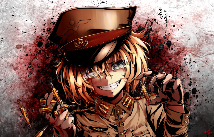 1girl blonde_hair blood blood_on_face blood_splatter brown_gloves bullet gloves grey_eyes grin hair_between_eyes hat highres holding_bullet kana616 looking_at_viewer military military_hat military_uniform portrait smile solo tanya_degurechaff uniform youjo_senki