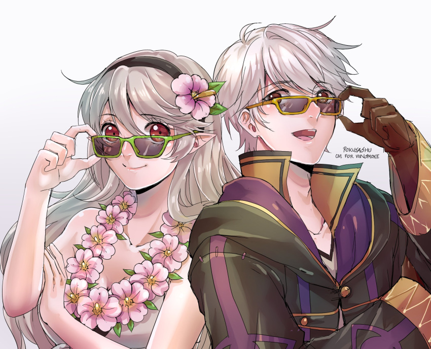 1boy 1girl artist_request bikini cape female_my_unit_(fire_emblem_if) fire_emblem fire_emblem:_kakusei fire_emblem_heroes glasses highres long_hair looking_at_viewer male_my_unit_(fire_emblem:_kakusei) mamkute my_unit_(fire_emblem:_kakusei) my_unit_(fire_emblem_if) red_eyes robe short_hair smile swimsuit tiara