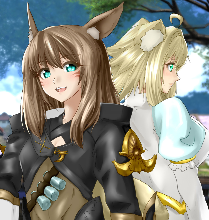 2girls :d ahoge animal_ears blonde_hair blush breasts cleavage commentary_request day dress eyebrows_visible_through_hair final_fantasy final_fantasy_xiv green_eyes hair_intakes highres juliet_sleeves large_breasts long_sleeves looking_at_viewer medium_breasts minarai_tenna miqo'te multiple_girls open_mouth original outdoors puffy_sleeves short_hair smile vial whisker_markings white_dress