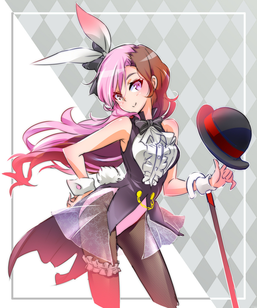 1girl :&gt; animal_ears argyle argyle_background bare_arms bare_shoulders black_bow black_hat black_neckwear blush bow bowler_hat bowtie brown_eyes brown_hair brown_legwear bunny_girl bunny_tail bunnysuit cane center_frills closed_mouth coattails cravat cropped_legs fake_animal_ears fake_tail fishnet_pantyhose fishnets frills hair_bow hair_ribbon hand_on_hip hat head_tilt heterochromia highres iesupa leaning_forward leg_garter leotard long_hair looking_at_viewer multicolored_hair neo_(rwby) pantyhose pink_eyes pink_hair rabbit_ears ribbon rwby see-through shiny shiny_hair sleeveless smile solo spinning_head tail two-tone_hair very_long_hair waist_cape wrist_cuffs
