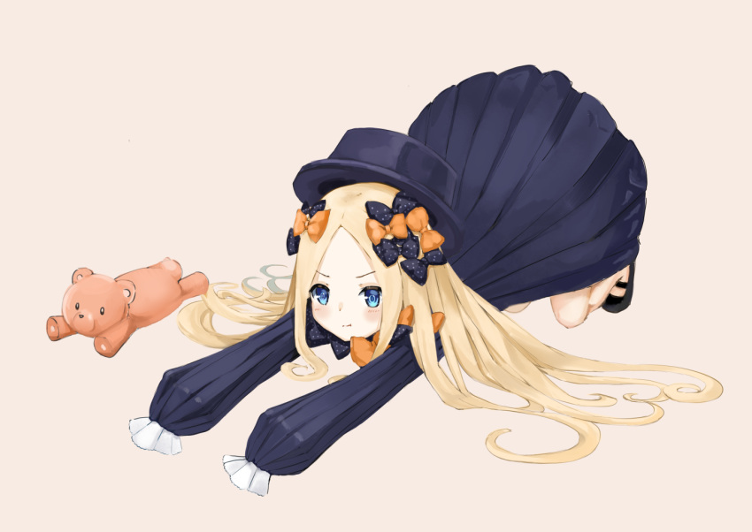 1girl :t abigail_williams_(fate/grand_order) bangs black_bow black_dress black_footwear black_hat blonde_hair blue_eyes blush bow brown_background closed_mouth commentary_request dress fate/grand_order fate_(series) forehead hair_bow hat long_hair long_sleeves mary_janes mizusaki_rain orange_bow outstretched_arms parted_bangs polka_dot polka_dot_bow pout shoes simple_background sleeves_past_fingers sleeves_past_wrists solo stuffed_animal stuffed_toy teddy_bear v-shaped_eyebrows very_long_hair