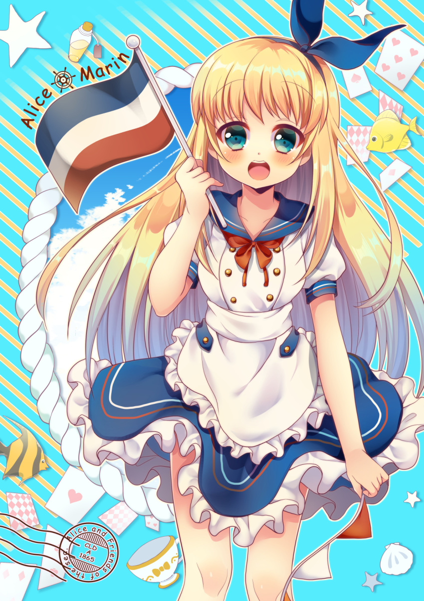 1girl :d animal apron bangs blonde_hair blue_hairband blue_ribbon blue_sailor_collar blue_sky blush bow breasts card clouds club_(shape) collarbone commentary_request cup diagonal-striped_background diagonal_stripes diamond_(shape) eyebrows_visible_through_hair fish flag frilled_apron frilled_skirt frills green_eyes hair_ribbon hairband heart highres holding holding_flag long_hair medium_breasts open_mouth original pennant pk_(mukasihasakana) playing_card puffy_short_sleeves puffy_sleeves red_bow ribbon sailor_collar seashell shell shirt short_sleeves skirt sky smile solo spade_(shape) star string_of_flags striped striped_background teacup upper_teeth very_long_hair waist_apron white_apron white_shirt