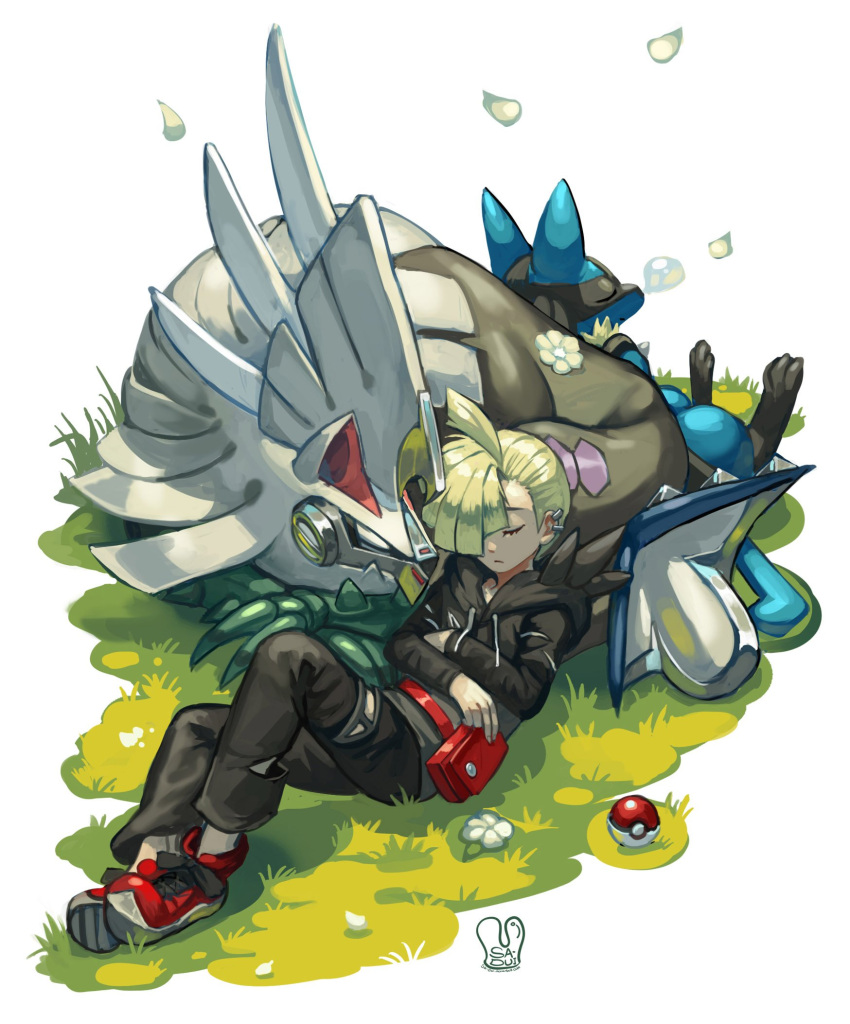 1boy ahoge black_pants blonde_hair closed_eyes closed_mouth commentary_request ear_piercing gen_4_pokemon gladio_(pokemon) grass highres hood hood_down hoodie long_sleeves lucario lying on_back pants piercing poke_ball poke_ball_(generic) pokemon pokemon_(creature) pouch red_footwear sa-dui shoes shoulder_spikes signature silvally sleeping spikes