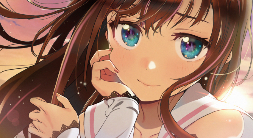 1girl a.i._channel blue_eyes brown_hair collarbone commentary_request detached_sleeves highres kizuna_ai long_hair looking_at_viewer naisho_na_zuku_doori smile solo virtual_youtuber wind