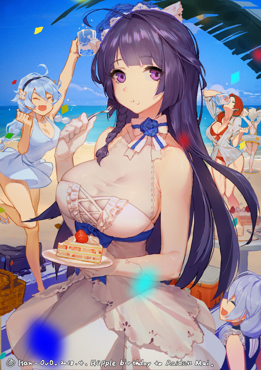 5girls :d :t ^_^ ^o^ ahoge arm_up arms_up artist_name bag bare_shoulders basket beach beach_towel benghuai_xueyuan bikini bikini_under_clothes black_hairband blue_dress blue_flower blue_rose blue_sky bow bowtie braid breasts cake casual_one-piece_swimsuit center_frills character_request cleavage clenched_hand closed_eyes closed_mouth clouds collarbone cup day dress drill_hair drinking drinking_glass duffel_bag eating facing_viewer flower food food_on_face fork frilled_dress frills front-tie_bikini front-tie_top fruit gloves grey_shirt hair_flower hair_ornament hair_over_shoulder hairband halter_dress han-0v0 highres holding holding_drinking_glass holding_fork holding_plate honkai_impact innertube jewelry large_breasts leg_up long_hair multiple_girls necklace ocean one-piece_swimsuit open_clothes open_mouth open_shirt palm_leaf pendant plate purple_hair red_bikini red_ribbon redhead ribbon rose sand sandals see-through shiny shiny_hair shirt shore short_sleeves side_braid sideways_mouth single_braid sky sleeveless sleeveless_dress slice_of_cake smile standing standing_on_one_leg straight_hair strawberry striped striped_shirt swimsuit table towel twin_drills twintails vertical-striped_shirt vertical_stripes very_long_hair violet_eyes white_bow white_dress white_gloves white_neckwear yellow_swimsuit