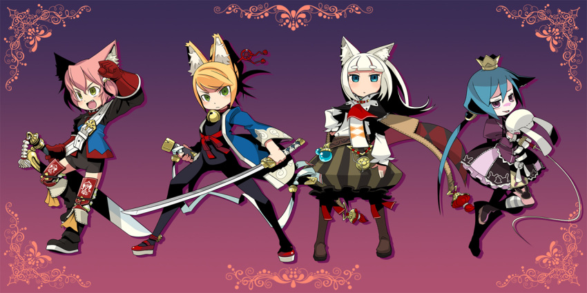 7th_dragon :d angry animal_ears armor ascot asymmetrical_clothes bangs bdsm bell belt bike_shorts blonde_hair bloomers blue_eyes blue_hair blunt_bangs blush bodysuit bondage boots c_(neta) cape cat_ears checkered child crown eyebrows fang fantasy fighter_(7th_dragon) fighting_stance flat_chest fox_ears frills frown gem gloves gothic_lolita gradient gradient_background green_eyes hair_ornament holding hug hug_from_behind japanese_clothes jewelry jingle_bell katana kimono kneehighs leg_lift lineup lolita_fashion long_hair looking_at_viewer looking_away mage_(7th_dragon) multiple_girls naughty_face open_clothes open_mouth pink_hair ponytail princess_(7th_dragon) purple_eyes ribbon rope samurai_(7th_dragon) sega sekaiju_no_meikyuu shadow sheath shoes short_hair skirt smile spread_legs standing striped striped_legwear stuffed_animal stuffed_bunny stuffed_toy swept_bangs sword thighhighs very_long_hair weapon whip white_hair yellow_eyes zettai_ryouiki
