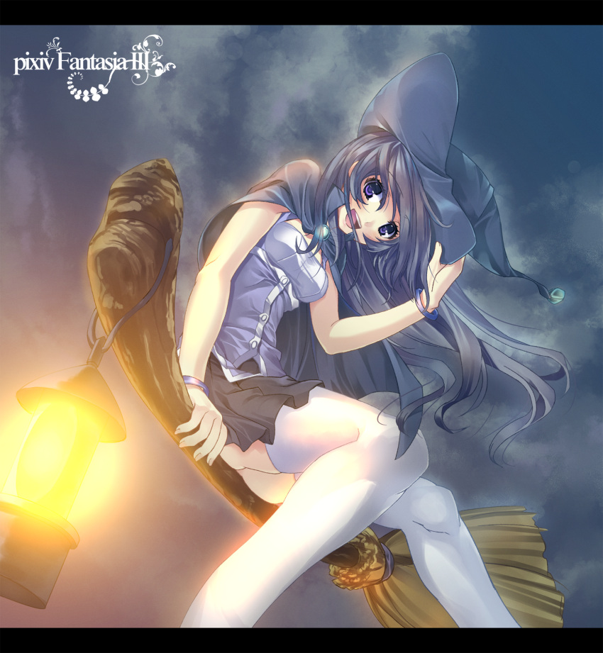 black_hair blue_eyes blue_hair bracelet broom broom_riding cape cloud flying hat highres holding holding_hat jewelry lantern light long_hair matsugawa night night_sky open_mouth pixiv_fantasia pixiv_fantasia_3 sitting skirt sky smile solo thigh-highs thighhighs white_legwear witch witch_hat