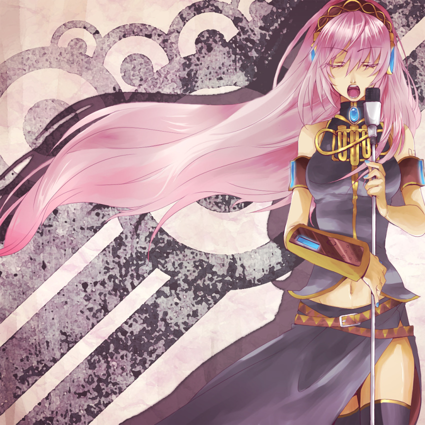 bare_shoulders closed_eyes headphones long_hair megurine_luka microphone microphone_stand pink_hair rioko singing thigh-highs thighhighs vocaloid wristband wristbands