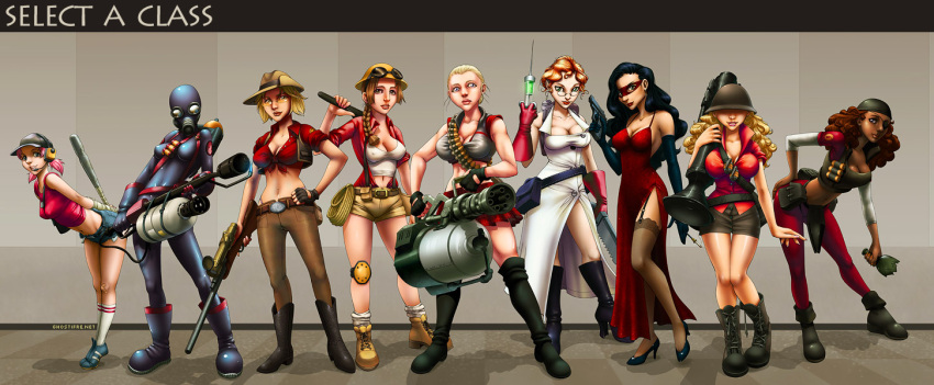 genderswap team_fortress_2 the_demoman the_engineer the_heavy the_medic the_pyro the_scout the_sniper the_soldier the_spy weapon