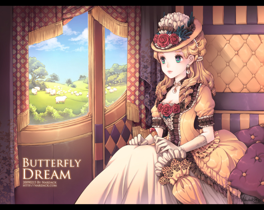 blonde_hair blue_eyes breasts carriage cleavage curly_hair dress flower frills gloves gown hat jewelry lipstick long_hair nardack original parasol pearl pearls pillow rose sheep umbrella victorian window