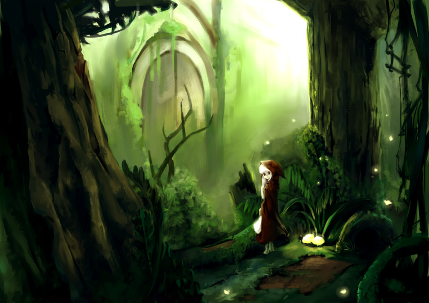 door forest glowing grimm's_fairy_tales hood light little_red_riding_hood little_red_riding_hood_(grimm) nature overgrown pixiv_(230434) relax_(artist) tree