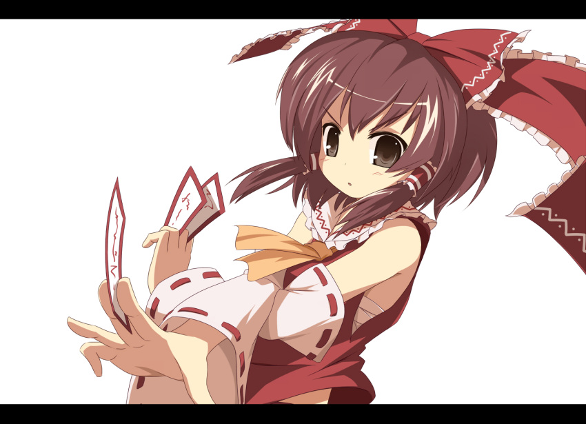 bow brown_eyes brown_hair detached_sleeves hair_bow hakurei_reimu highres machily miko_machi ofuda sarashi touhou