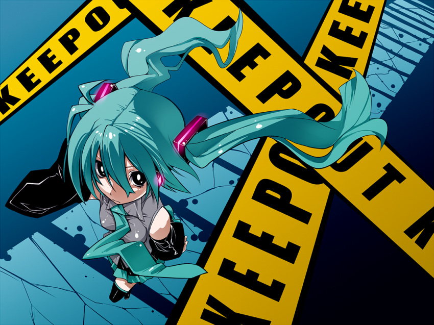 aqua_hair bad_id caution_tape detached_sleeves from_above gan hatsune_miku keep_out long_hair necktie skirt thigh-highs thighhighs twintails very_long_hair vocaloid zettai_ryouiki
