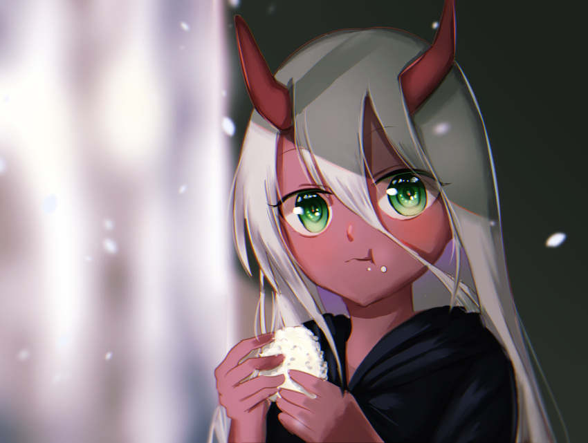 1girl :t blurry blurry_background blush child closed_mouth darling_in_the_franxx depth_of_field eating food food_on_face green_eyes hair_between_eyes highres holding holding_food long_hair looking_at_viewer oni oni_horns onigiri petals red_skin robe samsafe silver_hair solo straight_hair tareme two-handed upper_body wavy_mouth zero_two_(darling_in_the_franxx)