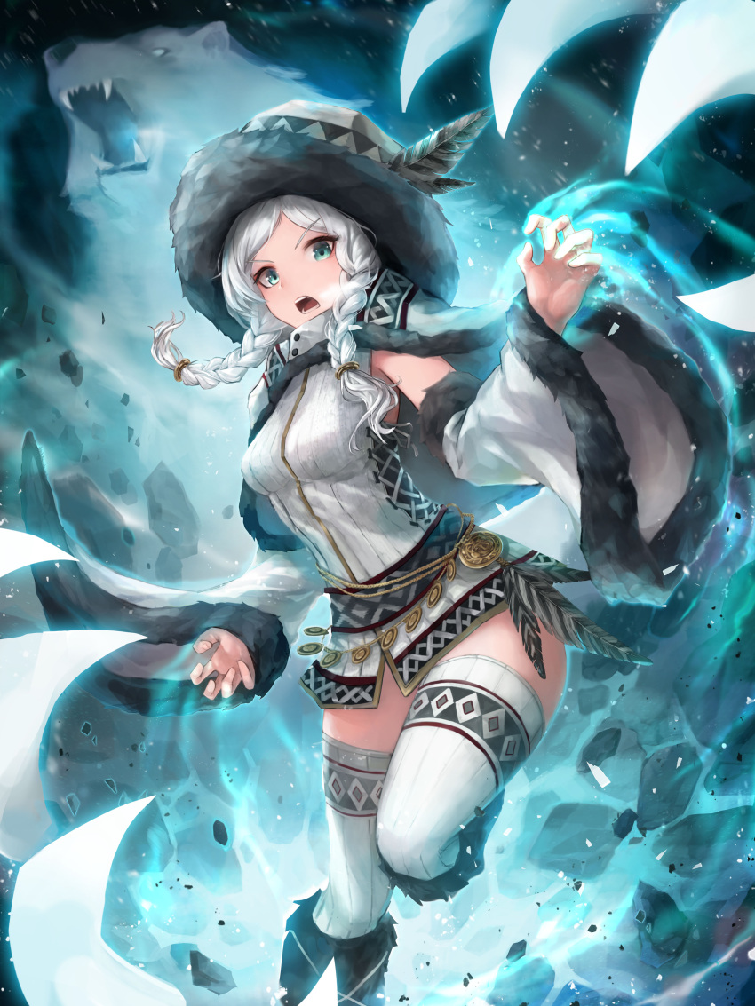 1girl :o absurdres bear blue_eyes boots braid capelet claw_pose crystalherb detached_sleeves eyebrows_visible_through_hair fur_trim hat hat_feather highres looking_at_viewer open_mouth original standing standing_on_one_leg thigh-highs twin_braids white_hair white_legwear wide_sleeves