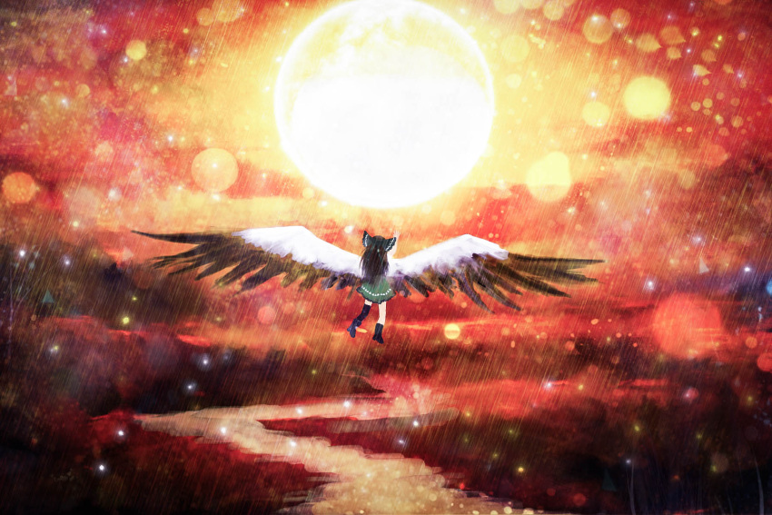 1girl akyuun arm_up asymmetrical_legwear bird_wings black_hair black_legwear bow cape commentary feathered_wings flying from_behind gradient_sky green_bow hair_bow highres landscape lens_flare light_particles long_hair mismatched_footwear reaching red_sky reiuji_utsuho river scenery sky solo sun touhou wings