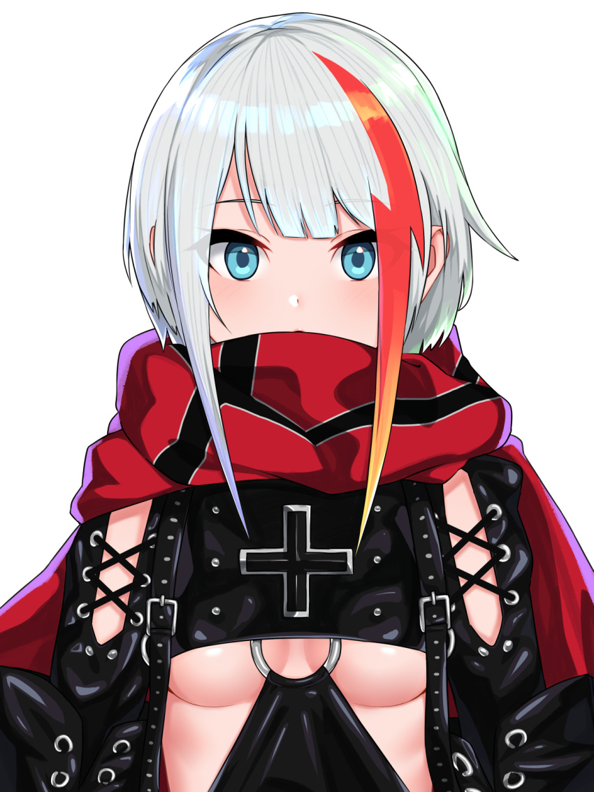 1girl :o admiral_graf_spee_(azur_lane) azur_lane bangs black_gloves blue_eyes blunt_bangs blush breasts cape covered_mouth cross eyebrows_visible_through_hair eyes_visible_through_hair gloves highres long_sleeves looking_at_viewer multicolored_hair nezuko o-ring red_cape scarf scarf_over_mouth sidelocks silver_hair simple_background solo streaked_hair under_boob upper_body white_background