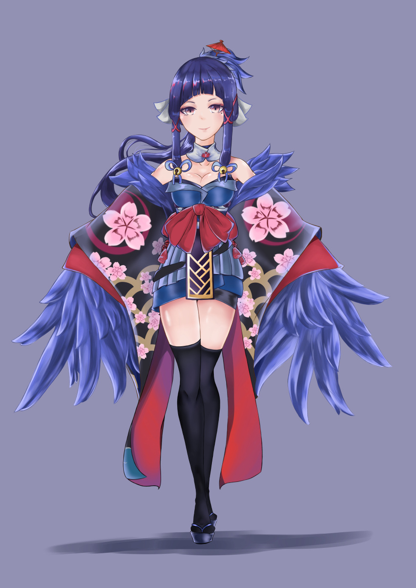 a7741 absurdres bare_shoulders bell black_legwear blue_backbround blue_hair breasts character_request detached_sleeves floral_print full_body highres jingle_bell long_hair looking_at_viewer medium_breasts mole mole_under_eye onmyoji pink_eyes ponytail sandals sidelocks simple_background smile standing thigh-highs umbrella_hair_ornament