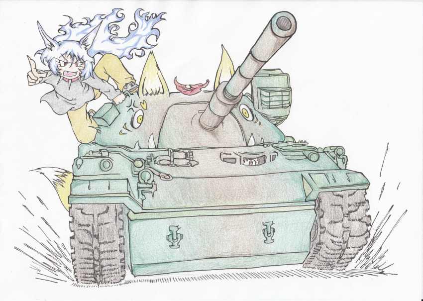 1girl absurdres anger_vein animal_ears blue_hair commentary_request dog_child_(doitsuken) dog_ears doitsuken fang floating_hair fox_ears fox_tail grey_footwear grey_shirt ground_vehicle highres leaf leaf_on_head long_hair military military_vehicle motor_vehicle open_mouth original pants red_eyes scan shirt shoes slit_pupils tail tank traditional_media transformation v-shaped_eyebrows very_long_hair yellow_pants