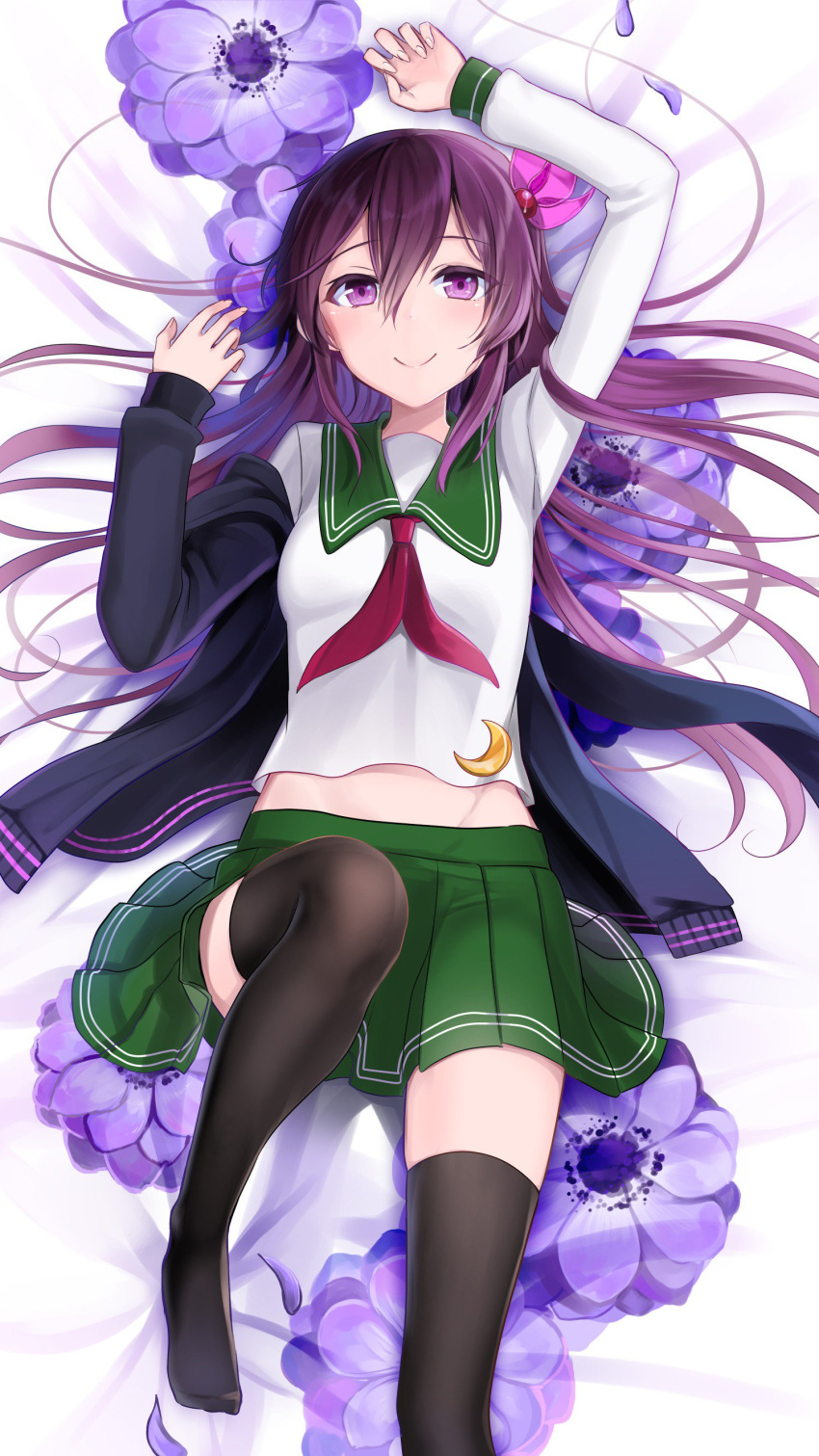 1girl absurdres arm_up bangs bed_sheet black_jacket black_legwear blush closed_mouth colored_eyelashes crescent crescent_moon_pin flower from_above green_sailor_collar green_skirt hair_between_eyes hair_ornament hairpin highres jacket kantai_collection kisaragi_(kantai_collection) knee_up long_hair looking_at_viewer lying miniskirt neckerchief no_shoes off_shoulder on_back on_bed open_clothes open_jacket petals pink_neckwear purple_flower purple_hair sailor_collar school_uniform serafuku shirt skirt smile solo thigh-highs violet_eyes white_shirt yunamaro zettai_ryouiki
