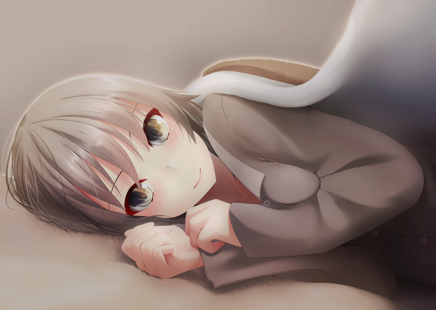 1girl bangs blanket blush closed_mouth eyeshadow grey_hair greyscale highres long_sleeves looking_at_viewer lying makeup monochrome nekobaka on_side original pajamas short_hair smile solo under_covers