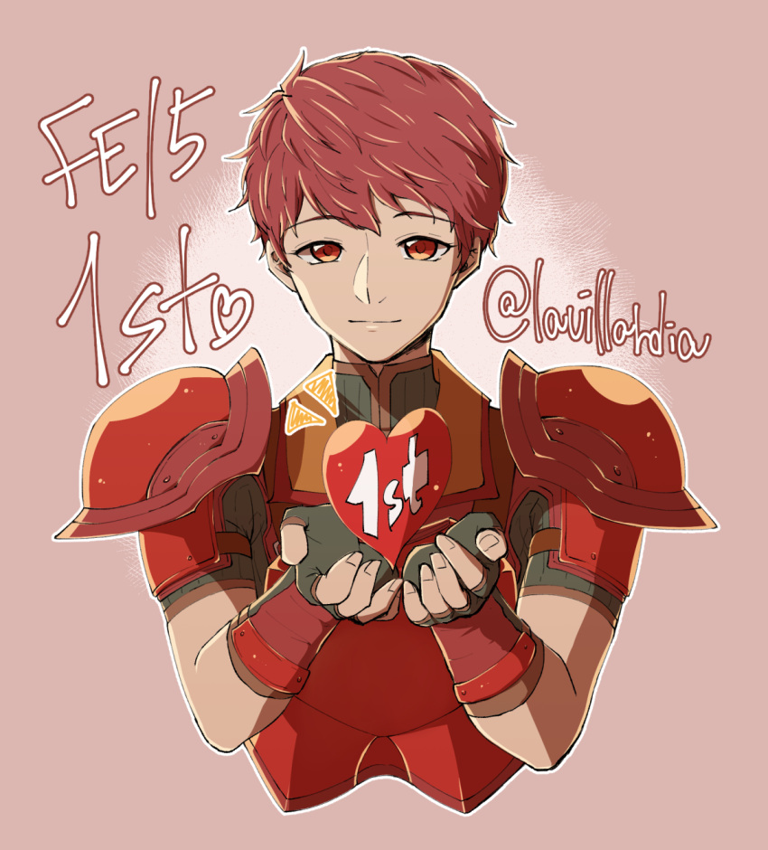 1boy armor artist_name brown_background copyright_name fingerless_gloves fire_emblem fire_emblem_echoes:_mou_hitori_no_eiyuuou gloves heart highres lavillardia lukas_(fire_emblem) male_focus red_eyes redhead simple_background solo