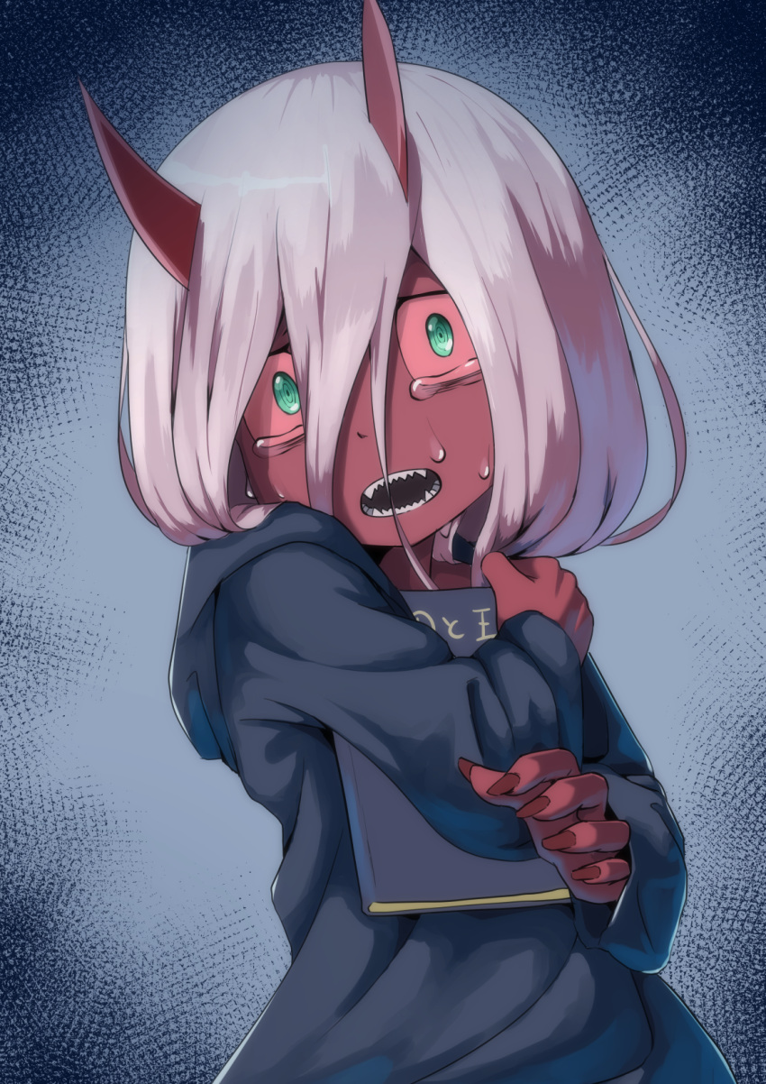 1girl black_robe book book_hug commentary_request darling_in_the_franxx green_eyes grey_hair hair_between_eyes highres holding holding_book hood hood_down hooded_robe horns kyabe_tsuka long_hair long_sleeves looking_at_viewer nail_polish open_mouth red_nails red_sclera red_skin sharp_teeth solo spoilers tears teeth younger zero_two_(darling_in_the_franxx)