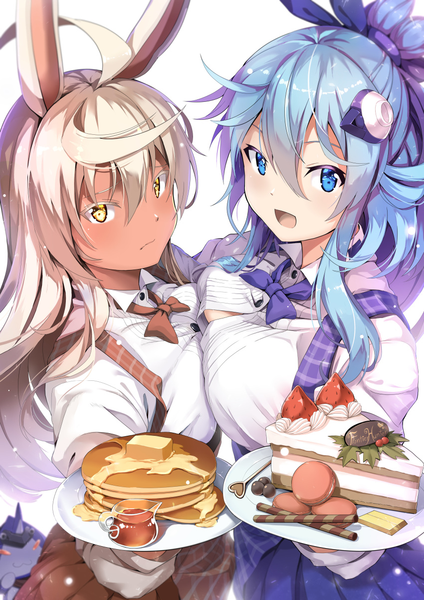 2girls :3 :d absurdres ahoge animal_ears backlighting bangs blackcurrant blue_eyes blue_hair blue_neckwear blue_ribbon blue_skirt blurry bow bowtie breast_press breasts brown_neckwear brown_skirt butter buttons cake closed_mouth collared_shirt colored_eyelashes commentary_request creature dark_skin depth_of_field dessert dress_shirt eyebrows_visible_through_hair food from_side fruit hair_between_eyes hair_ornament hair_ribbon highres holding holding_plate jie_laite jug large_breasts light_particles long_hair long_sleeves looking_at_viewer looking_to_the_side loose_bowtie macaron melting multiple_girls open_mouth original pancake plaid plaid_skirt plate rabbit_ears ribbon shiny shiny_hair shirt sidelocks silver_hair skirt smile standing strawberry suspender_skirt suspenders sweets symmetrical_docking syrup wafer_stick white_background white_shirt yellow_eyes