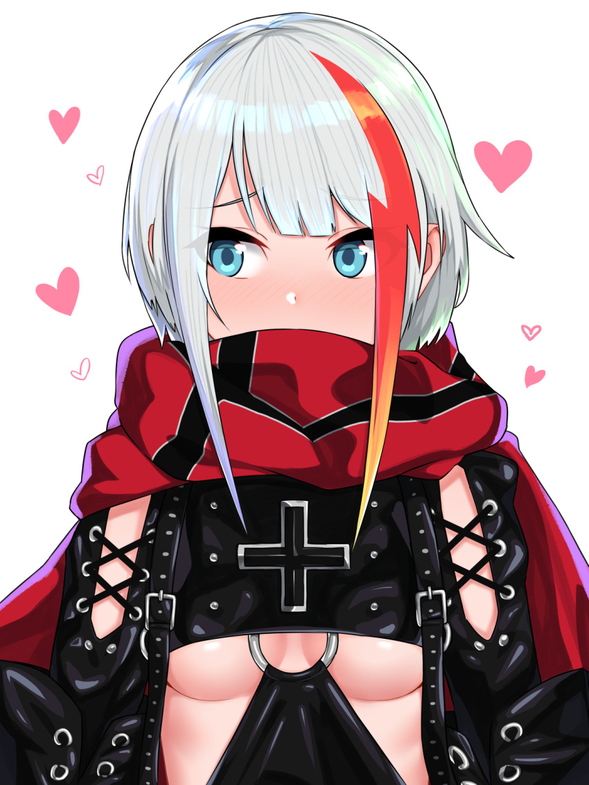 1girl admiral_graf_spee_(azur_lane) azur_lane black_gloves blue_eyes blush breasts cape covered_mouth cross embarrassed eyebrows_visible_through_hair eyes_visible_through_hair gloves heart highres long_sleeves looking_at_viewer looking_away multicolored_hair nezuko nose_blush o-ring red_cape scarf scarf_over_mouth sidelocks silver_hair simple_background solo streaked_hair under_boob upper_body white_background
