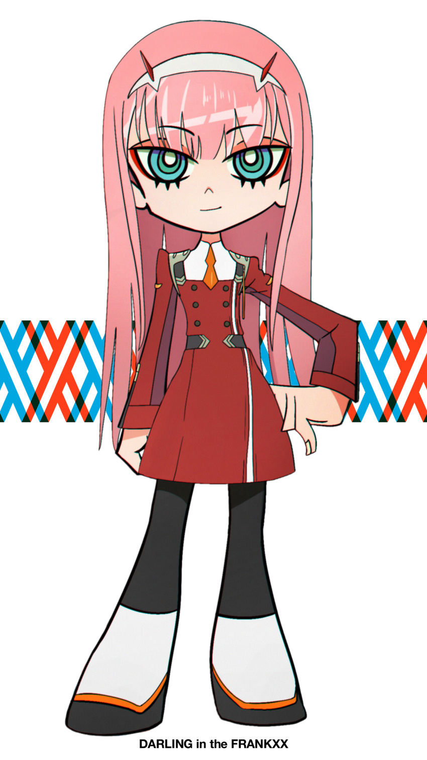 1girl bangs black_legwear bright_pupils chibi closed_mouth contrapposto copyright_name darling_in_the_franxx eyebrows_visible_through_hair eyeshadow green_eyes hairband highres horns jacket long_hair long_sleeves looking_at_viewer makeup murasaki_saki pantyhose pink_hair red_jacket ringed_eyes smile solo zero_two_(darling_in_the_franxx)