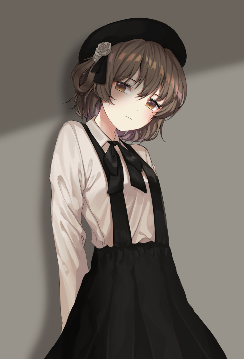 1girl arms_behind_back bangs beret black_beret black_hat black_neckwear black_skirt blouse blush brown_eyes brown_hair closed_mouth collared_shirt eyebrows_visible_through_hair female flower grey_background hair_between_eyes hair_flower hair_ornament hat hatoba_tsugu hatoba_tsugu_(character) high_resolution highres long_sleeves looking_at_viewer mole mole_under_eye shirt short_hair simple_background skirt solo standing suspender_skirt suspenders user_wtfd2472 virtual_youtuber white_blouse white_flower white_shirt wing_collar