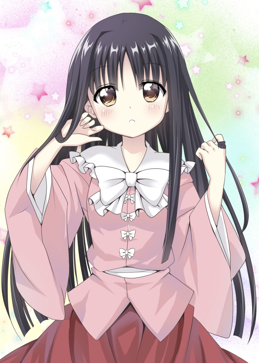 1girl :o bangs black_hair blush bow bowtie brown_hair cowboy_shot eyebrows_visible_through_hair frilled_shirt_collar frills hair_twirling hands_up highres houraisan_kaguya long_hair long_skirt long_sleeves looking_at_viewer multicolored multicolored_background parted_bangs parted_lips pink_shirt red_skirt sash shiny shiny_hair shirt skirt solo standing star starry_background straight_hair tareme touhou upper_body usagi_koushaku very_long_hair white_bow white_neckwear wide_sleeves