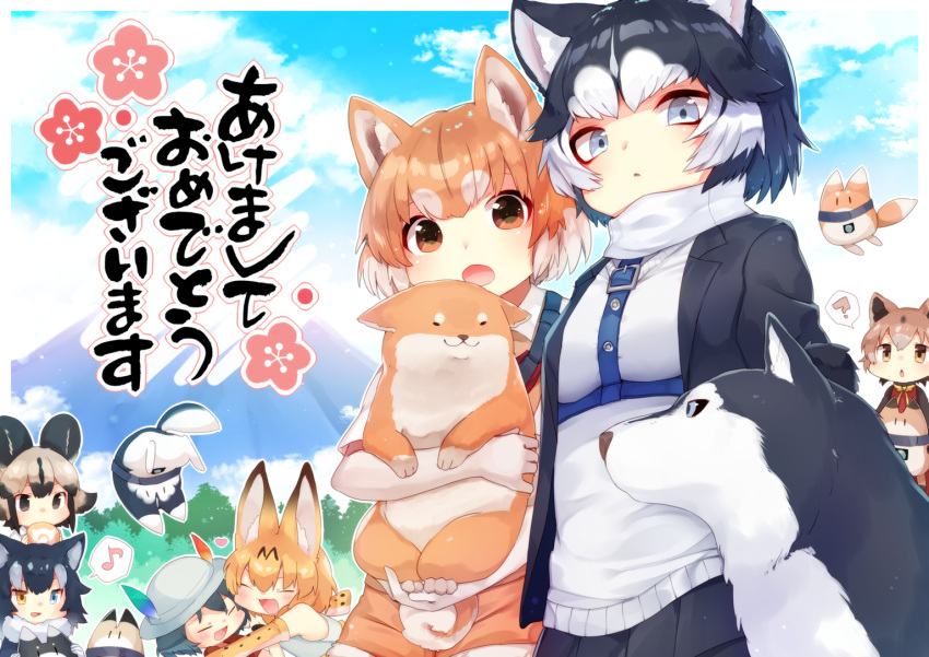 6+girls :d ? african_wild_dog_(kemono_friends) animal_ears arare_mochiko bare_shoulders black_hair blonde_hair blue_eyes blue_skirt bow bowtie brown_eyes brown_hair chinese_zodiac closed_eyes clouds commentary_request day dog_(kemono_friends) dog_ears dog_tail eating eighth_note elbow_gloves flower food fur_collar gloves grey_wolf_(kemono_friends) happy_new_year hat hat_feather heart helmet heterochromia hug japari_bun kaban_(kemono_friends) kemono_friends looking_at_viewer lucky_beast_(kemono_friends) mountain multicolored_hair multiple_girls musical_note new_guinea_highland_wild_dog_(kemono_friends) new_year open_mouth outdoors pith_helmet plum_blossoms serval_(kemono_friends) serval_ears short_hair siberian_husky_(kemono_friends) skirt smile spoken_musical_note spoken_question_mark tail translated white_hair wolf_ears year_of_the_dog yellow_eyes