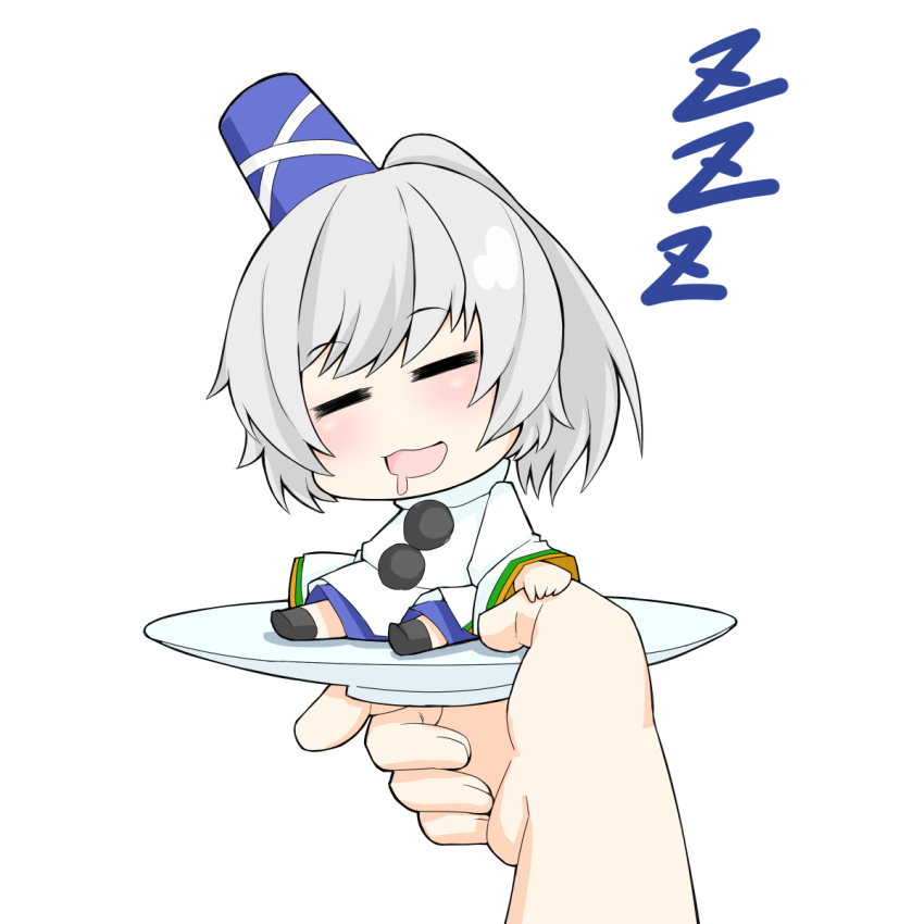 1girl =_= chibi closed_eyes drooling full_body green_hair hand_on_another's_hand hat highres holding holding_plate ja_komurashi japanese_clothes long_hair long_sleeves minigirl mononobe_no_futo open_mouth plate pom_pom_(clothes) ponytail simple_background sitting sleeping smile solo_focus tate_eboshi touhou white_background wide_sleeves zzz