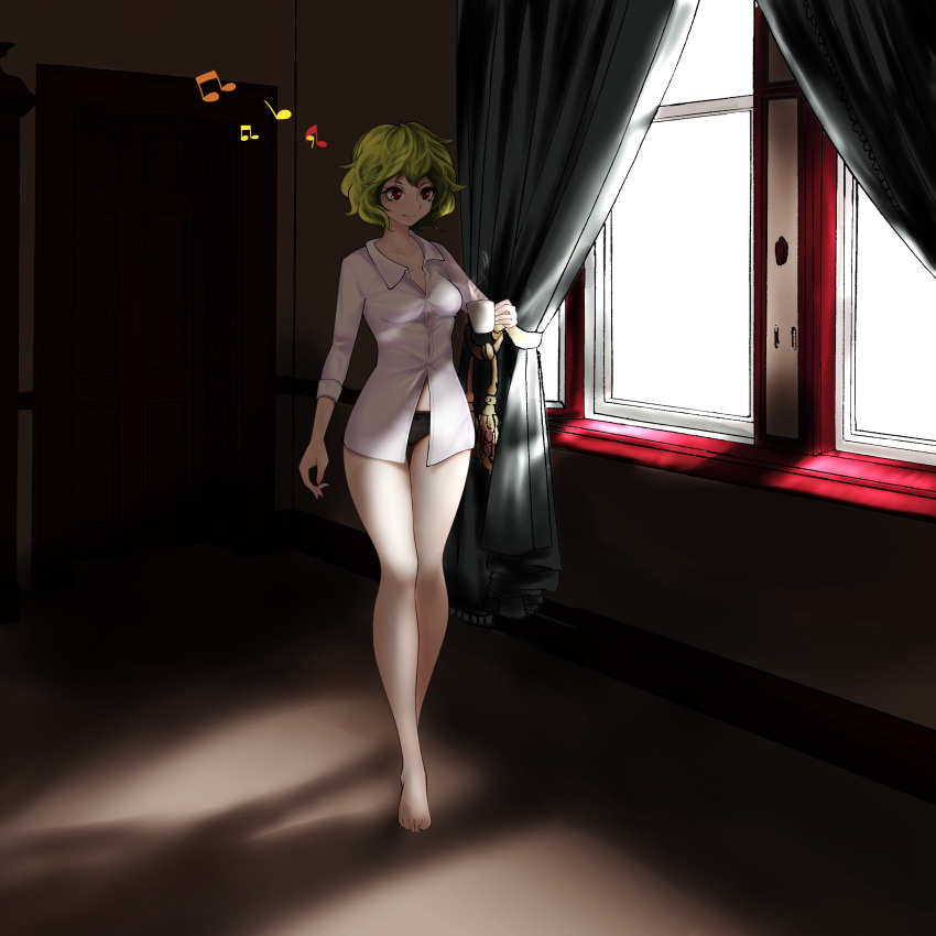 1girl absurdres bare_legs barefoot beamed_eighth_notes black_panties breasts closed_mouth collarbone collared_shirt commentary_request cup curtains door eighth_note eyebrows eyelashes floor full_body green_hair highres holding_mug indoors inoshin_(inixia1748) kazami_yuuka medium_breasts morning mug musical_note panties quarter_note red_eyes shadow shirt short_hair sleeves_rolled_up smile solo steam touhou underwear walking wall white_shirt window