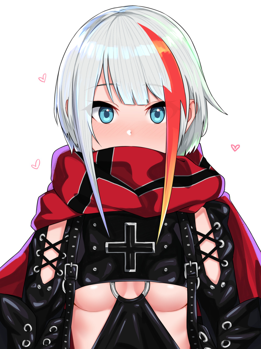 1girl admiral_graf_spee_(azur_lane) azur_lane bangs black_gloves blue_eyes blunt_bangs blush breasts cape covered_mouth cross eyebrows_visible_through_hair eyes_visible_through_hair gloves heart highres long_sleeves looking_at_viewer multicolored_hair nezuko o-ring red_cape scarf scarf_over_mouth sidelocks silver_hair simple_background solo streaked_hair under_boob upper_body white_background