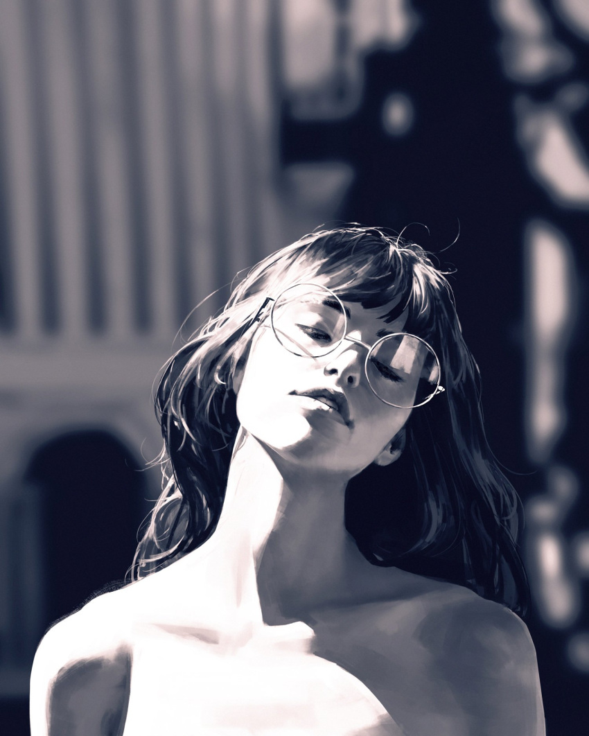 1girl bangs bare_shoulders blurry blurry_background collarbone day depth_of_field facing_away glasses greyscale guweiz highres lips long_hair monochrome nose parted_lips realistic round_eyewear shiny shiny_hair solo sunlight teeth upper_body