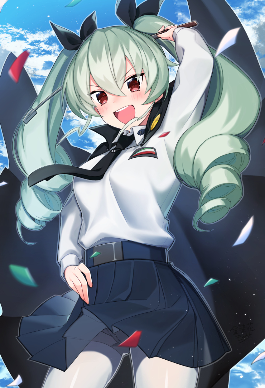 1girl :d anchovy arm_up black_neckwear black_skirt blue_sky blush clouds cloudy_sky commentary_request drill_hair girls_und_panzer green_hair hand_on_hip highres kinsenka_momi long_hair looking_at_viewer necktie open_mouth panties panties_under_pantyhose pantyhose red_eyes skirt sky smile solo standing twin_drills twintails underwear white_legwear