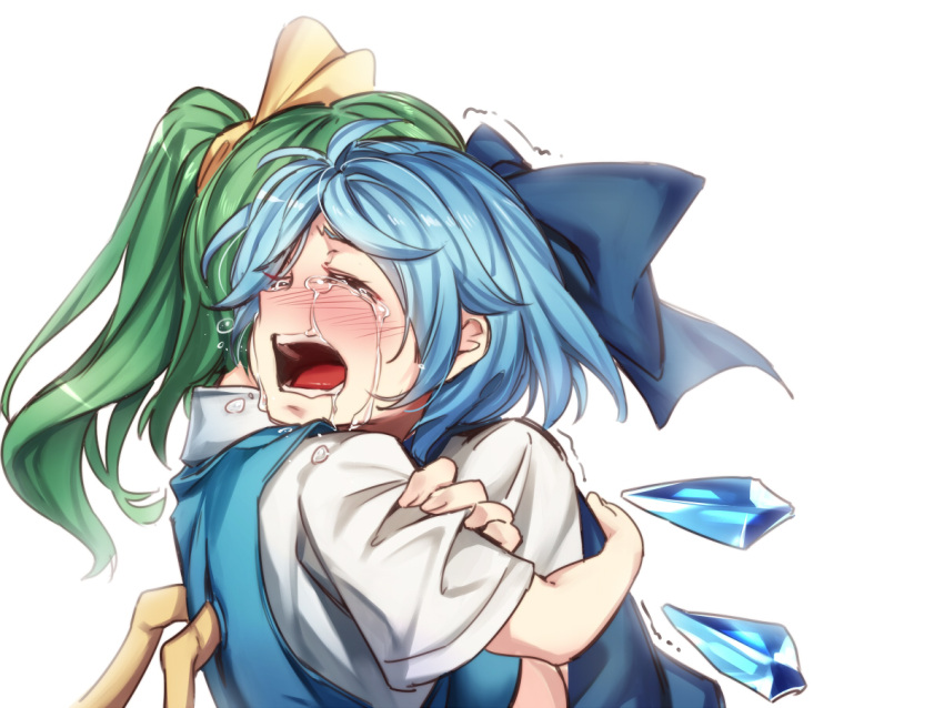 2girls asutora blue_bow blue_hair blush bow cirno closed_eyes comforting commentary_request crying daiyousei fairy_wings green_hair hair_bow hug ice ice_wings multiple_girls open_mouth sad shirt short_sleeves side_ponytail simple_background teardrop teeth touhou trembling upper_body vest white_background white_shirt wings