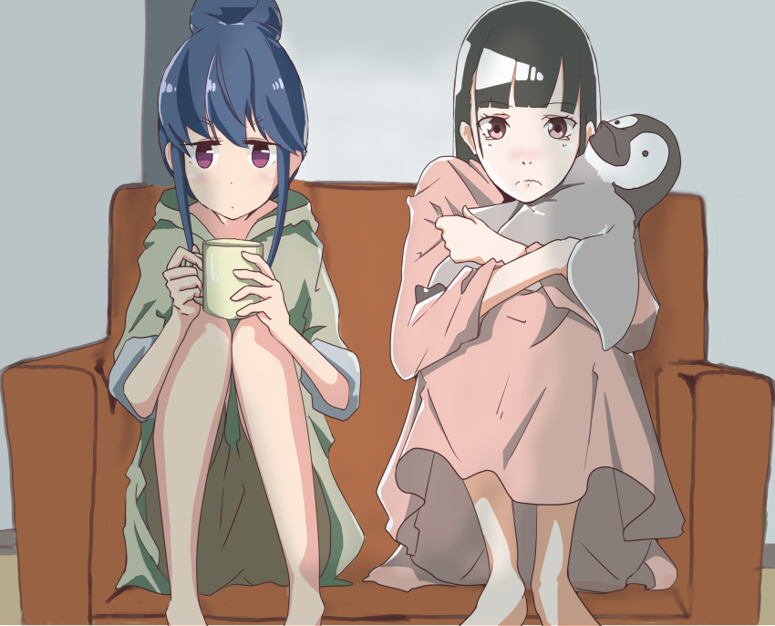 2girls absurdres bangs black_hair blue_hair blunt_bangs coffee_mug couch crossed_arms crossover cup expressionless eyebrows_visible_through_hair feet_out_of_frame frown green_hoodie hair_bun highres indoors kao_(user_rvtc2723) kobuchizawa_shirase leg_hug long_hair looking_at_viewer mug multiple_girls nightgown object_hug on_couch shima_rin short_hair sidelocks sitting sora_yori_mo_tooi_basho stuffed_animal stuffed_penguin stuffed_toy tearing_up violet_eyes wavy_mouth yurucamp