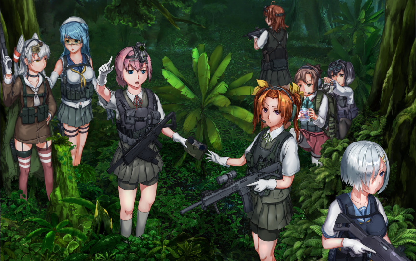 6+girls absurdres ahoge akigumo_(kantai_collection) amatsukaze_(kantai_collection) aqua_eyes arashi_(kantai_collection) arm_up bare_shoulders bike_shorts binoculars black_hair black_hairband black_legwear blue_bow blue_eyes blue_hair blue_neckwear body_armor bow bowtie breasts brown_eyes brown_hair brown_legwear bulletproof_vest chinese_commentary collarbone commentary_request contrapposto double_bun elbow_gloves eyebrows_visible_through_hair eyes_visible_through_hair eyewear_visible_through_hair fern forest frown garter_straps gloves goggles gradient_hair green_neckwear green_ribbon grey_legwear grey_skirt grey_vest gun hair_ornament hair_over_one_eye hair_ribbon hair_tubes hairband hairclip hamakaze_(kantai_collection) hand_on_another's_shoulder hand_on_hip hand_up hat headband headgear headphones headset highres holding holding_gun holding_weapon holographic_interface husky_(soonofgod) kagerou_(kantai_collection) kantai_collection kneehighs leaf legs_apart legs_together long_sleeves looking_afar looking_at_another miniskirt mouthpiece multicolored_hair multiple_girls nature neck_ribbon neckerchief one_knee open_mouth orange_hair outdoors pantyhose pink_hair plant pleated_skirt pointing ponytail pouch red_neckwear red_ribbon ribbon school_uniform seamed_legwear serafuku shiranui_(kantai_collection) short_sleeves shorts_under_skirt silver_hair skirt sleeves_rolled_up standing thigh-highs thigh_strap tokitsukaze_(kantai_collection) tree twintails two_side_up urakaze_(kantai_collection) vest violet_eyes weapon white_gloves white_hat white_legwear yellow_neckwear yellow_ribbon